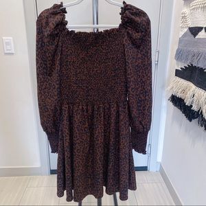 BP Dale Smocked Leopard Long Sleeve Mini Dress